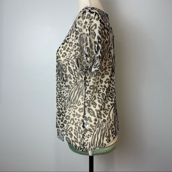 NWT Antistar Black & White Animal Cheetah Zebra Print Short Sleeve Sheer size L - Picture 9 of 10
